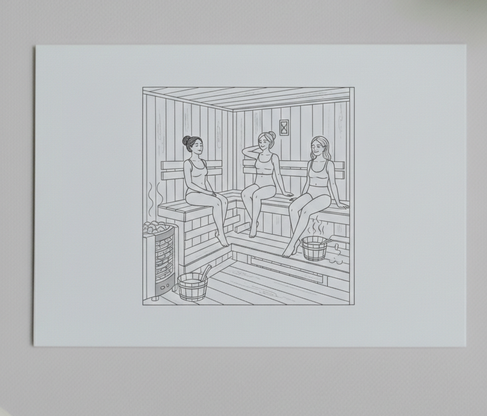Illustration of three women in a sauna on a white background. monthly membership duo, unlimited access for two people, sauna cold plunge relaxation lounge all include, free access to classes, fire & ice sauna, bolingbrook, chicago, illinois
