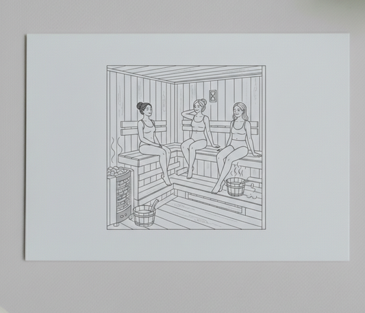 Illustration of three women in a sauna on a white background. monthly membership duo, unlimited access for two people, sauna cold plunge relaxation lounge all include, free access to classes, fire & ice sauna, bolingbrook, chicago, illinois